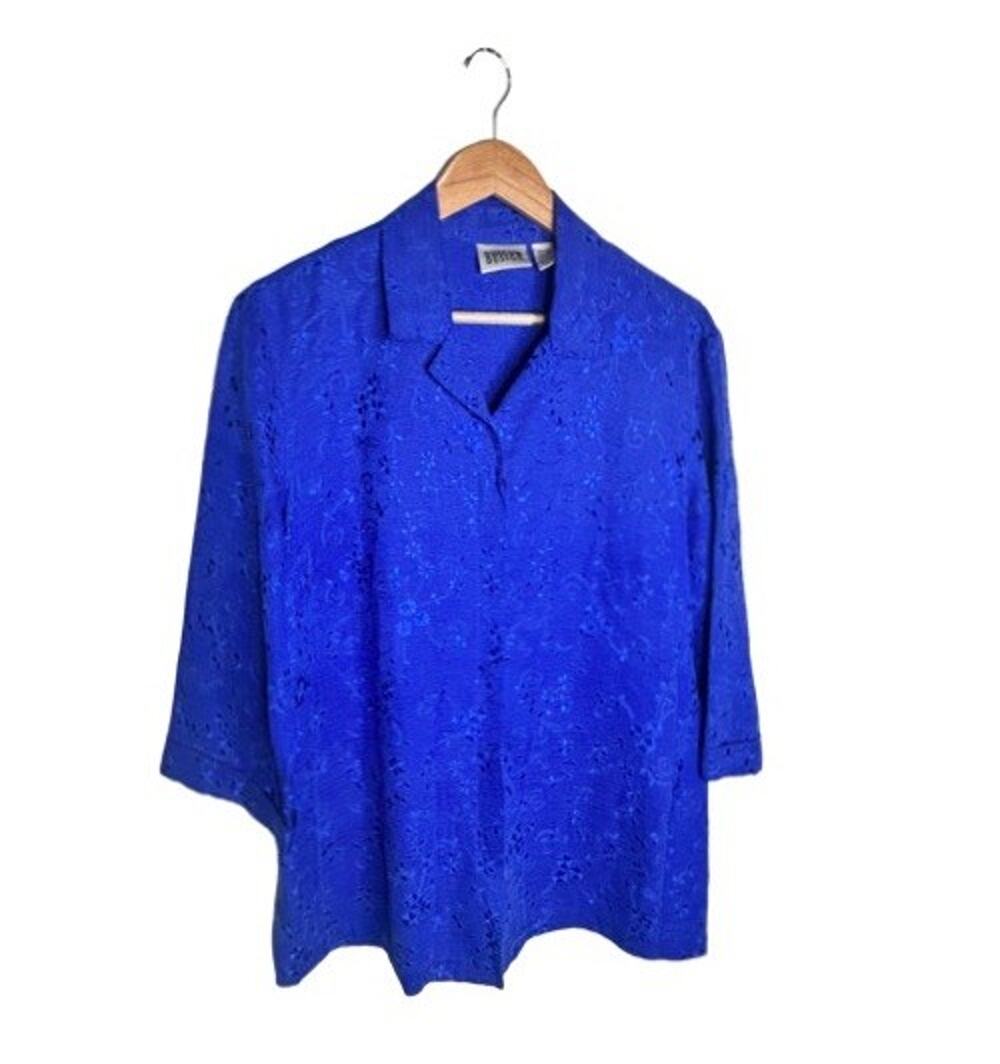 Vintage Chico’s Design Silk Linen Button Up Top Cobalt Blue Embroidery Large